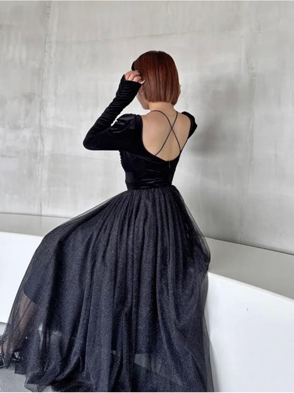 SNIDEL × Chacott Velour Tulle Dress Black Long Sleeve Maxi Dress collab rare